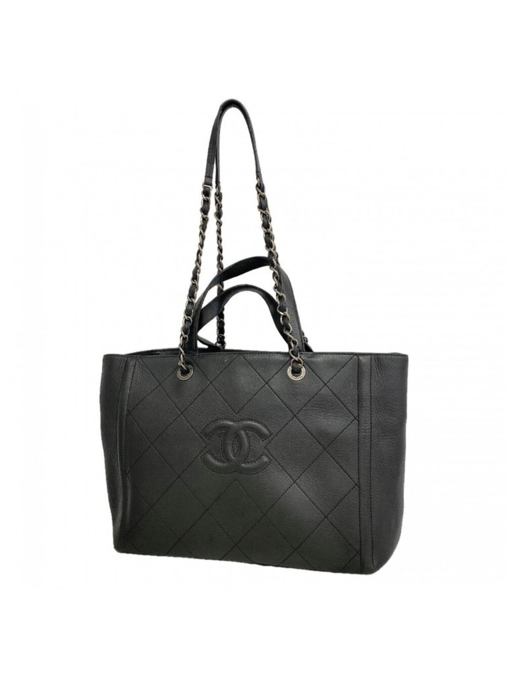 Chanel Tote Quilted Lambskin Black Silver 2-Way